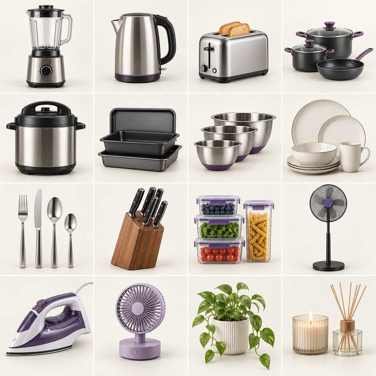 A collection of kitchen appliances, cookware, bakeware, tableware and household essentials